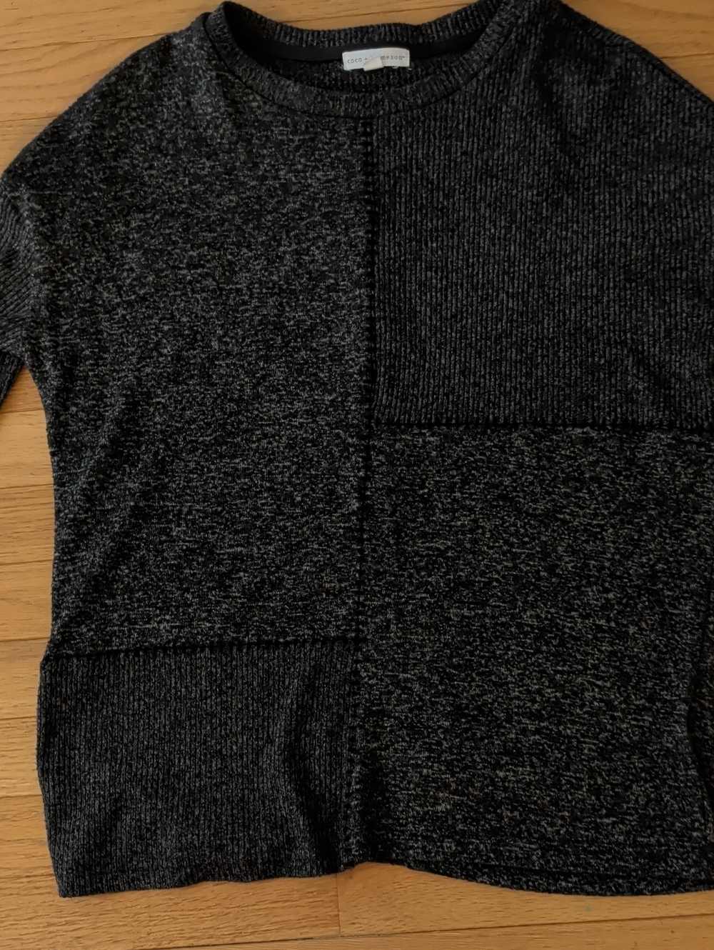 Coco + Jameson Women's Charcoal Patchwork Crewneck Top.